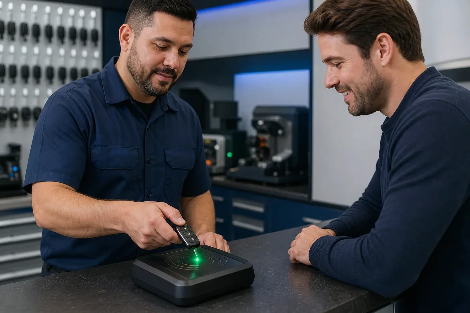 Chaveiro ajustando a programação de um controle automático em Itatiba.