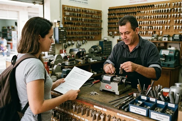 Chaveiro esclarecendo os direitos do cliente durante o serviço em Itatiba.