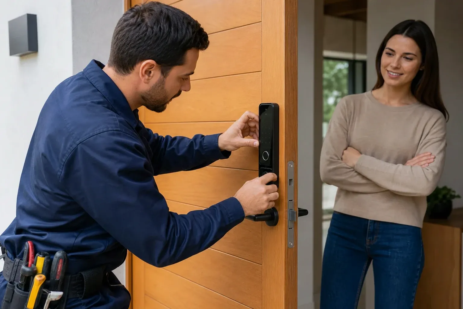 Chaveiro instalando uma fechadura digital em uma porta, evidenciando tecnologia.
