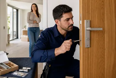 Chaveiro instalando uma fechadura em uma porta, com ferramentas adequadas.