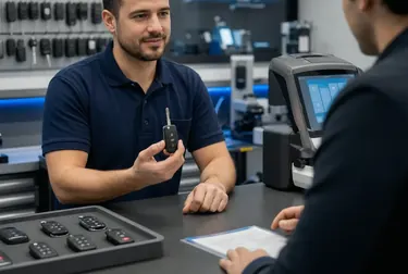 Chaveiro moldando uma chave codificada com equipamentos específicos.