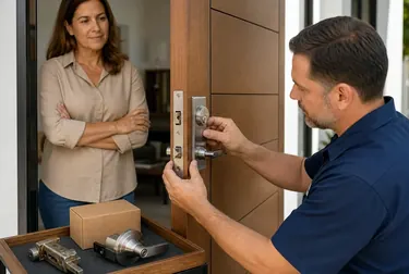 Chaveiro realizando a instalação de uma nova fechadura em uma porta.