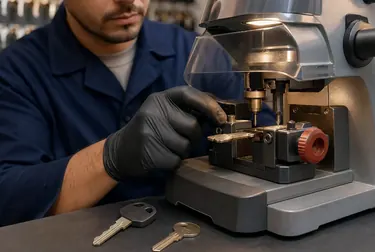 Chaveiro utilizando uma máquina para copiar uma chave de forma precisa.