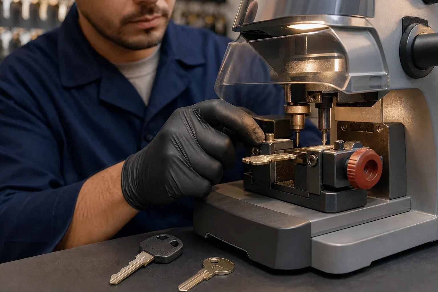 Chaveiro utilizando uma máquina para copiar uma chave de forma precisa.